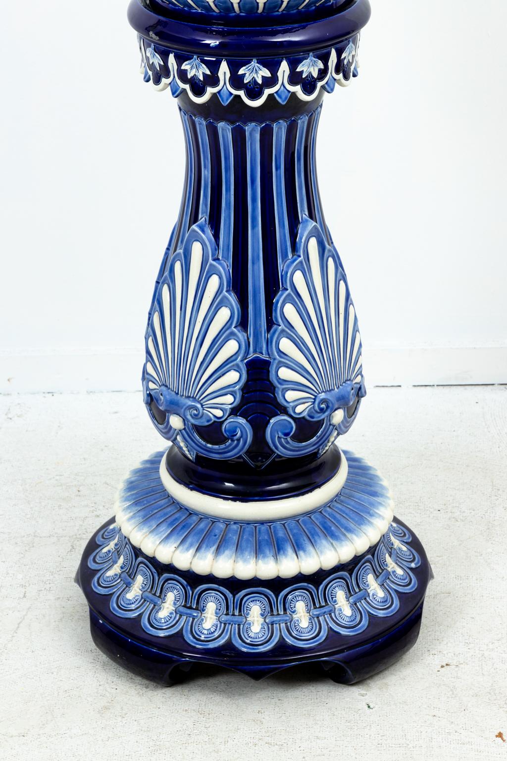 20th Century Blue and White Painted Majolica Urn on Stand