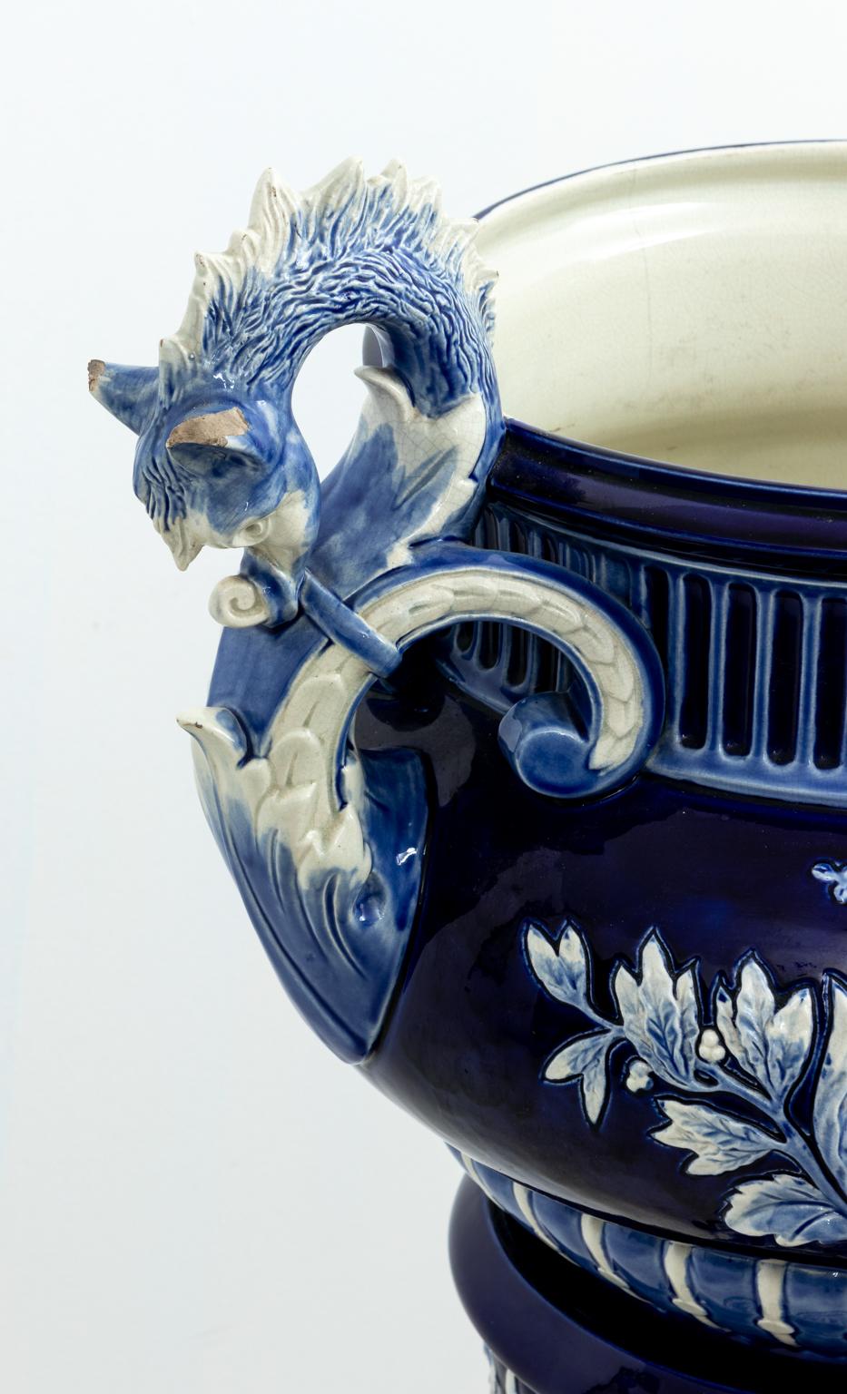 Blue and White Painted Majolica Urn on Stand 1