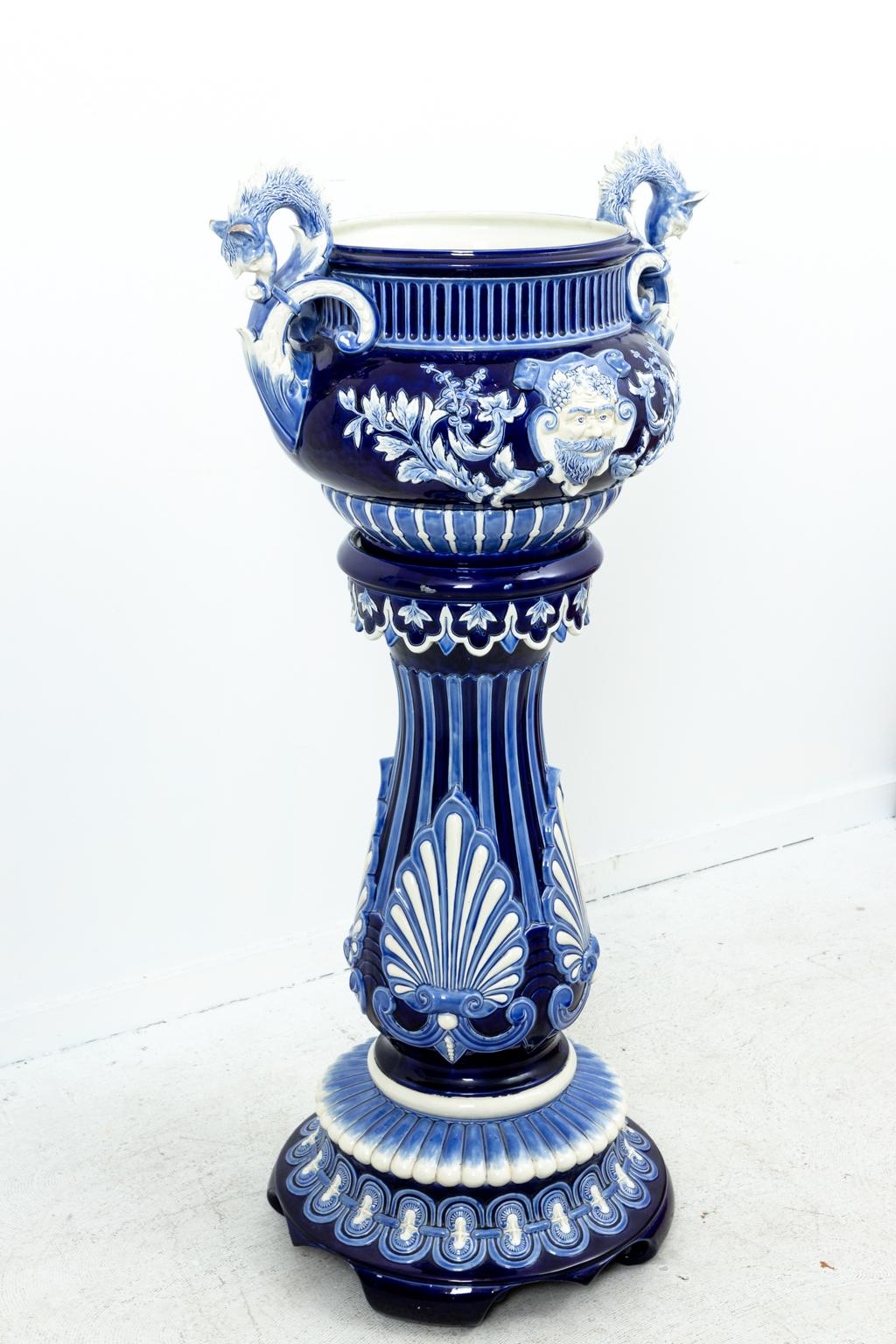 Blue and White Painted Majolica Urn on Stand 2