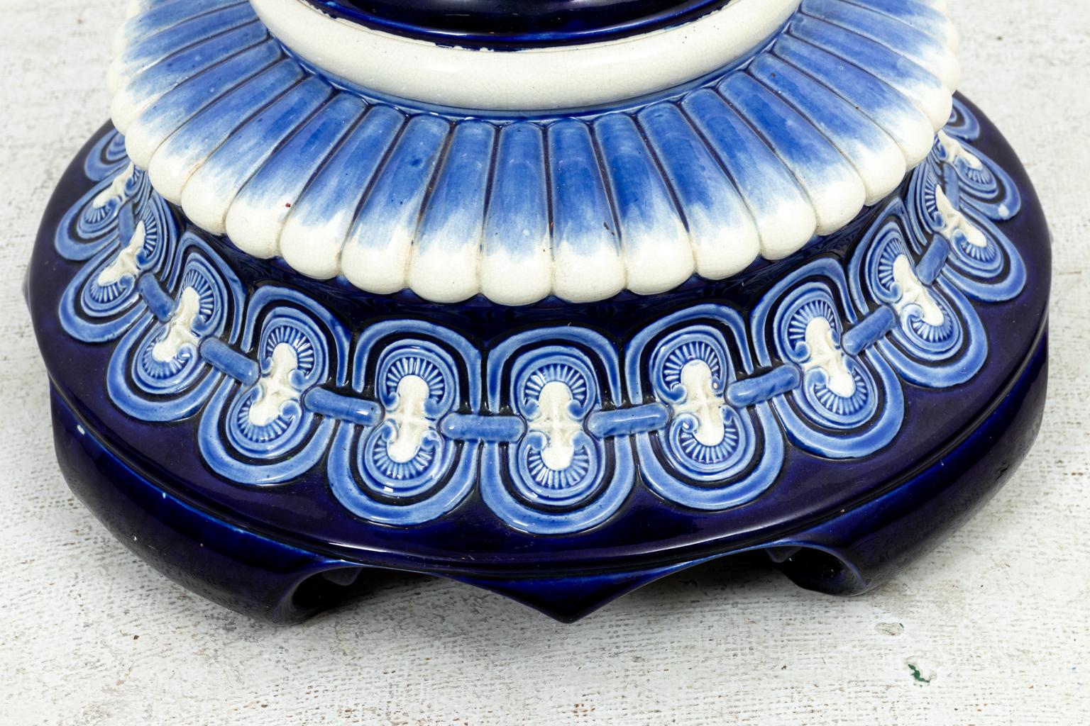 Blue and White Painted Majolica Urn on Stand 4