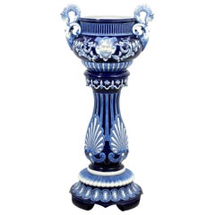 Blue and White Painted Majolica Urn on Stand