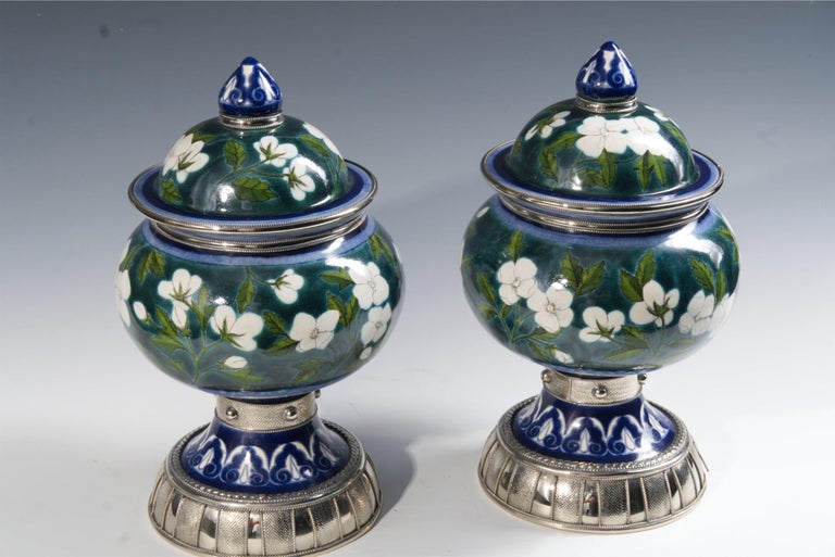 Mexican Blue and White Pair Jars Ceramic and White Metal ‘Alpaca’, Handmade with Cherubs For Sale