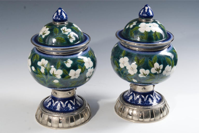 Glazed Blue and White Pair Jars Ceramic and White Metal ‘Alpaca’, Handmade with Cherubs For Sale