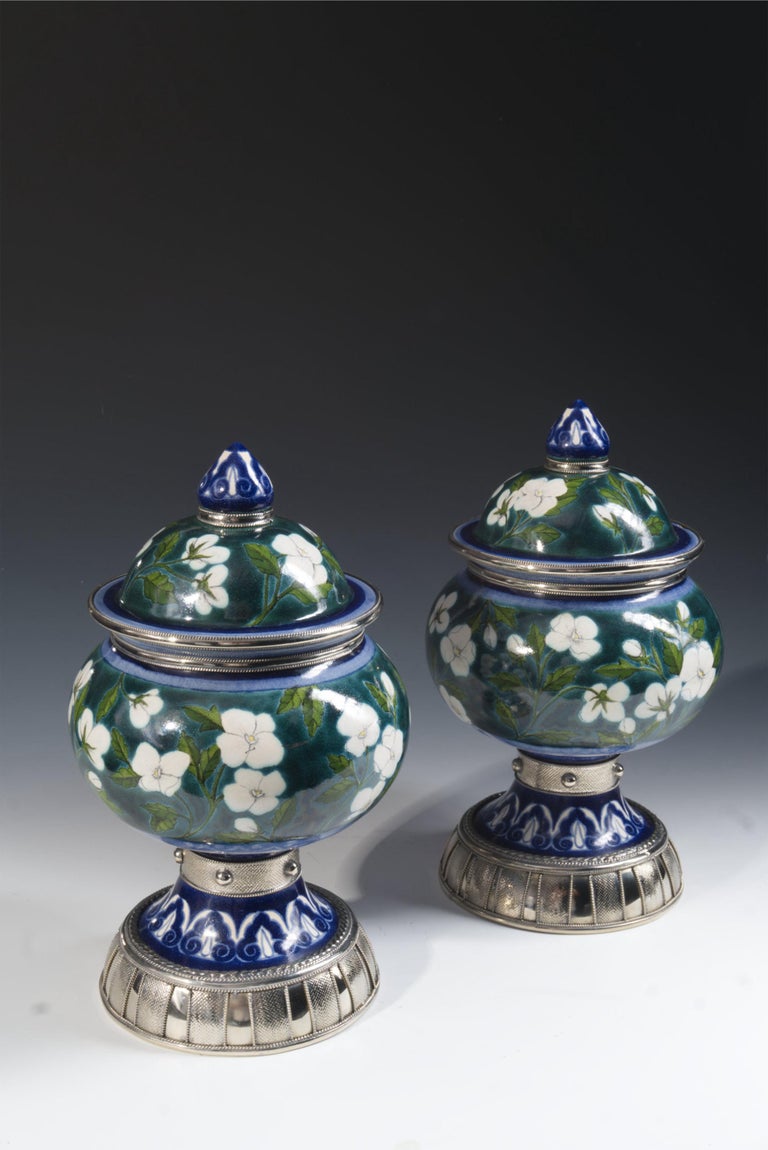 Blue and White Pair Jars Ceramic and White Metal ‘Alpaca’, Handmade with Cherubs For Sale 1