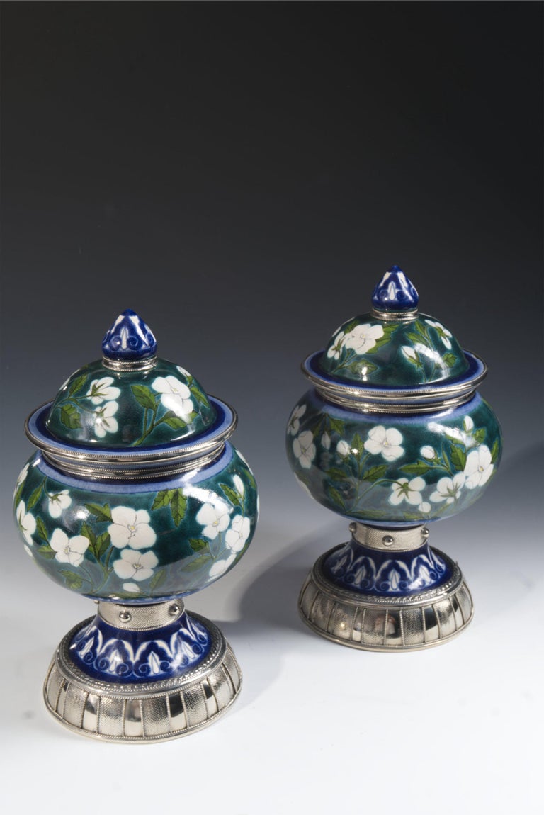 Blue and White Pair Jars Ceramic and White Metal ‘Alpaca’, Handmade with Cherubs For Sale 2