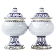 Blue and White Pair Jars Ceramic and White Metal ‘Alpaca’, Handmade with Cherubs