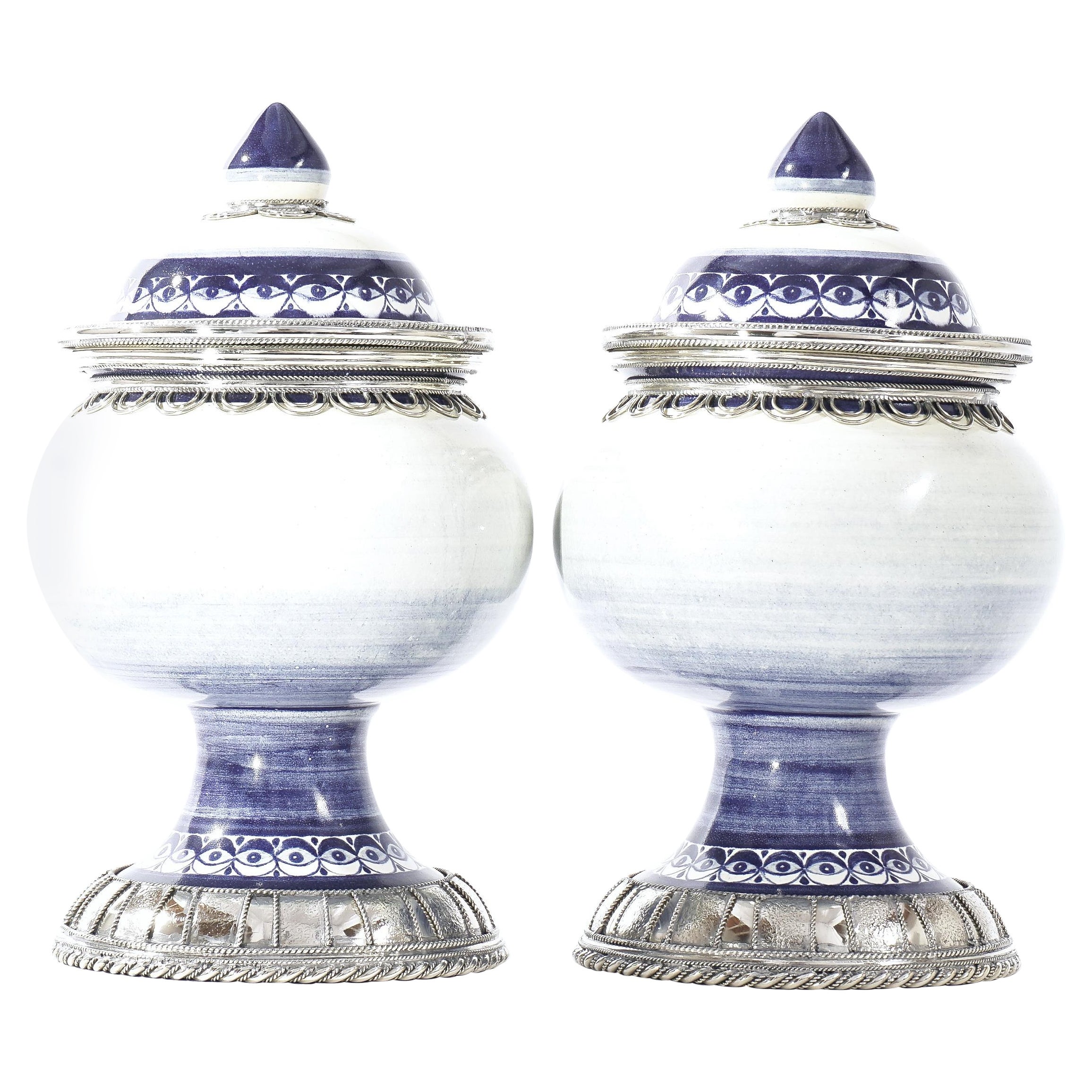 Blue and White Pair Jars, Ceramic and White Metal ‘Alpaca’, Handmade with Cherubs For Sale