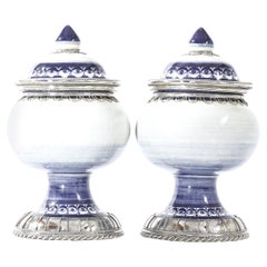 Blue and White Pair Jars, Ceramic and White Metal ‘Alpaca’, Handmade with Cherubs