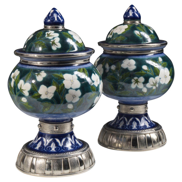 Blue and White Pair Jars Ceramic and White Metal ‘Alpaca’, Handmade with Cherubs For Sale