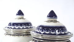 Blue and White Pair Jars, Ceramic and White Metal ‘Alpaca’, Handmade with Cherubs