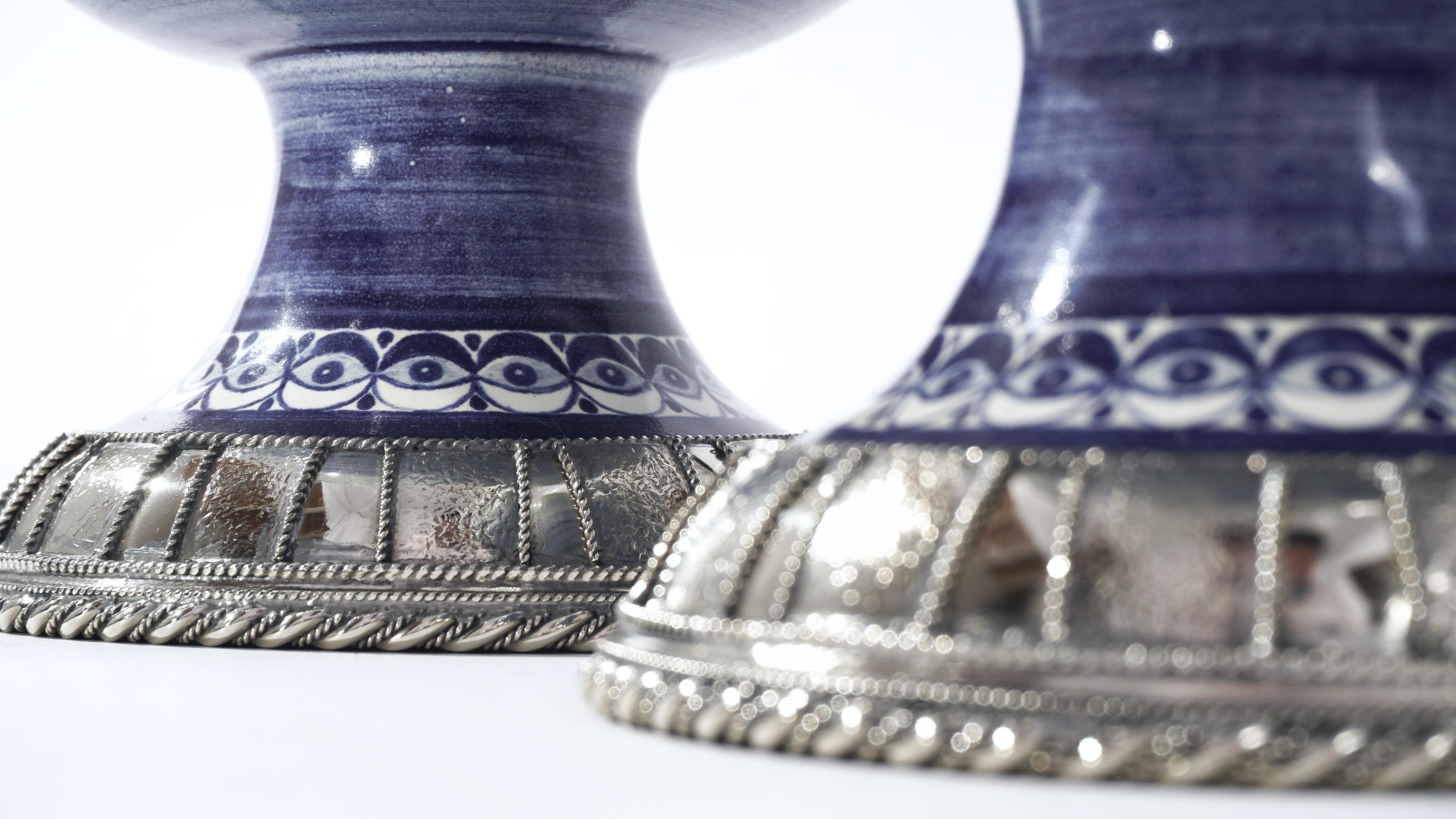 Glazed Blue and White Pair Jars, Ceramic and White Metal ‘Alpaca’, Handmade with Cherubs For Sale