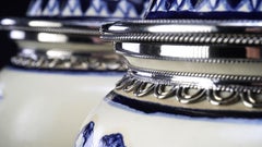 Blue and White Pair off Jars with Cherubs Motives, Ceramic and White Metal