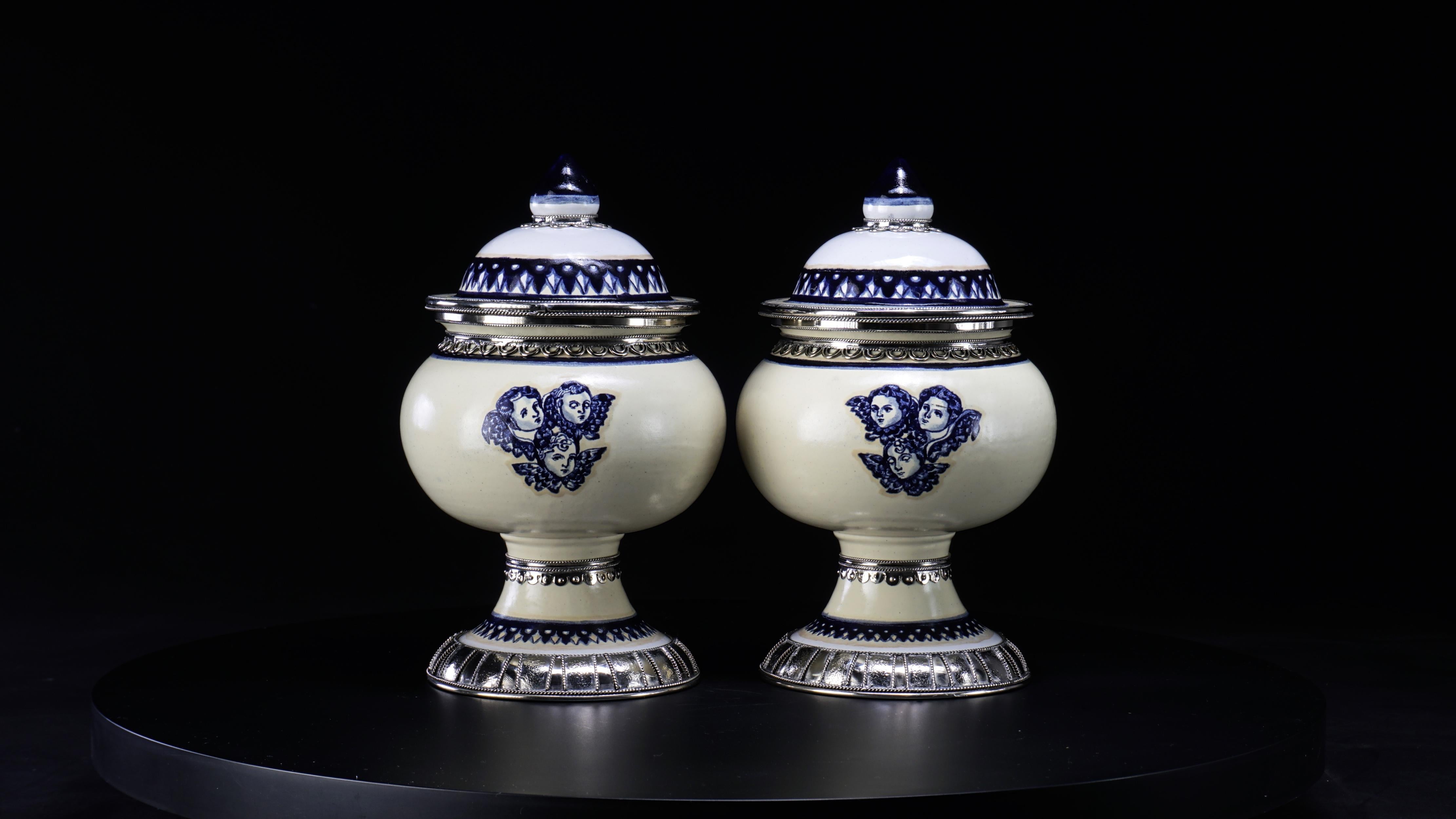 Blue and White Pair off Jars with Cherubs Motives, Ceramic and White Metal For Sale 2