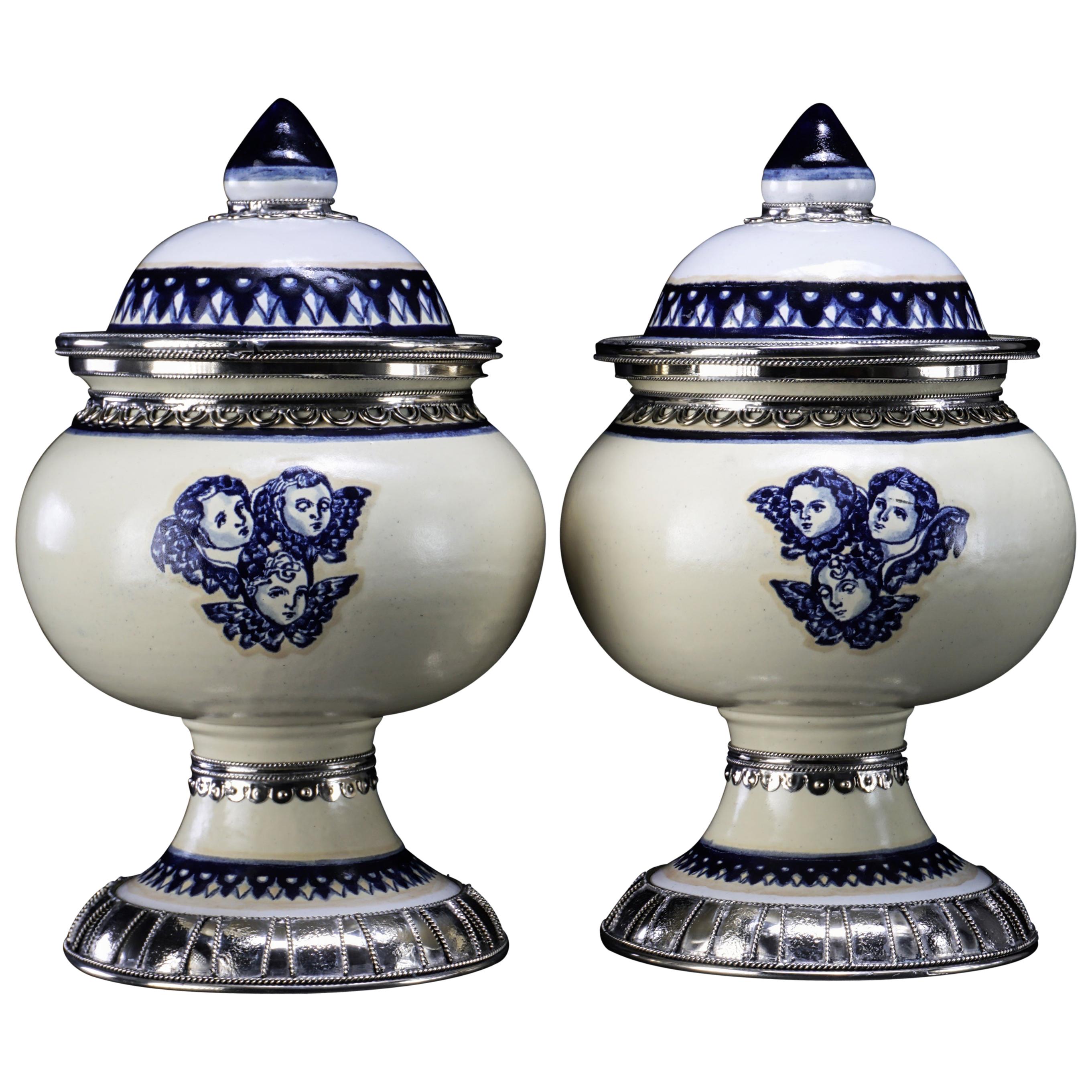 Blue and White Pair off Jars with Cherubs Motives, Ceramic and White Metal For Sale