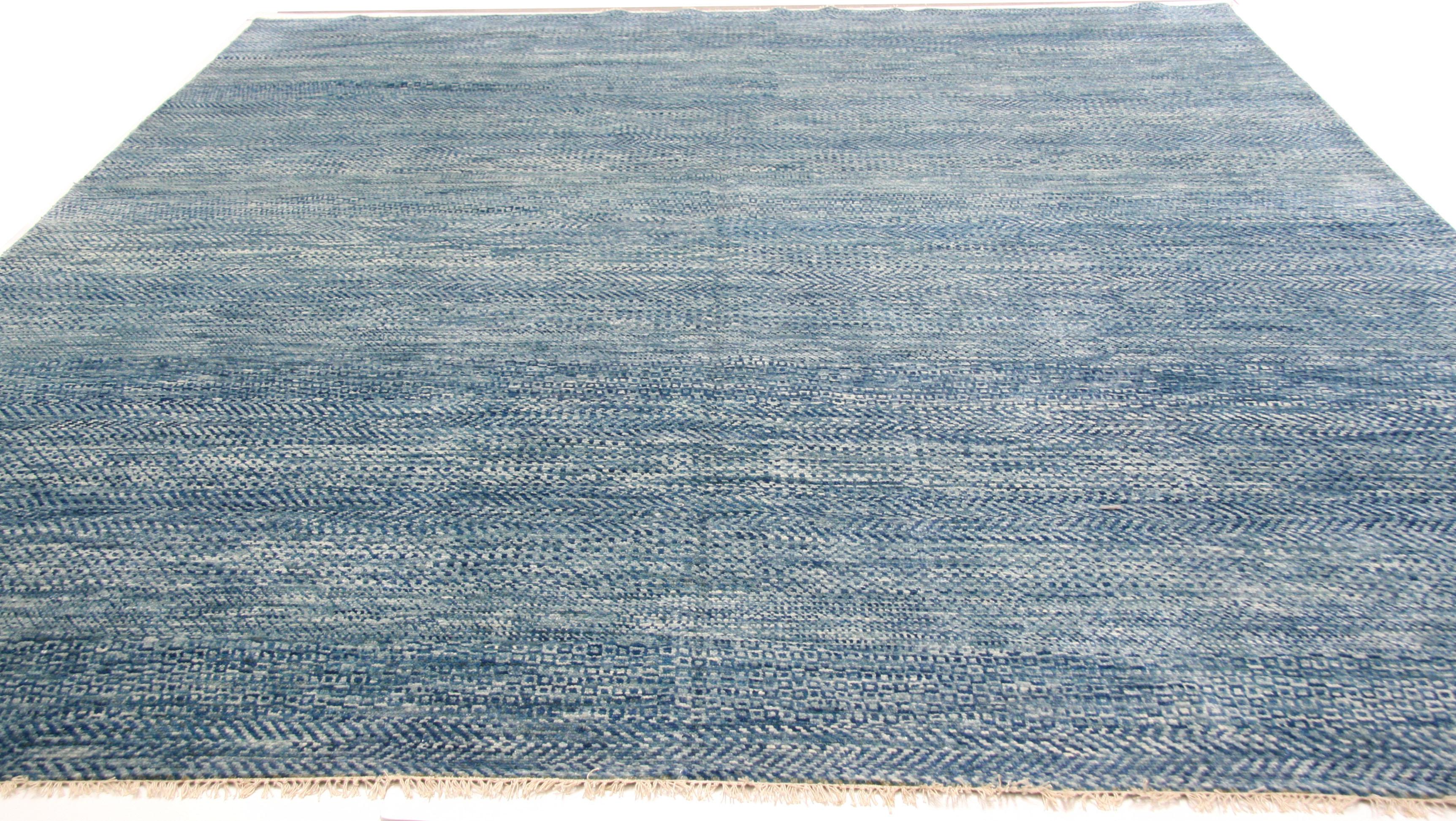 Hand-Knotted Blue and White Patchwork Look Area Rug For Sale