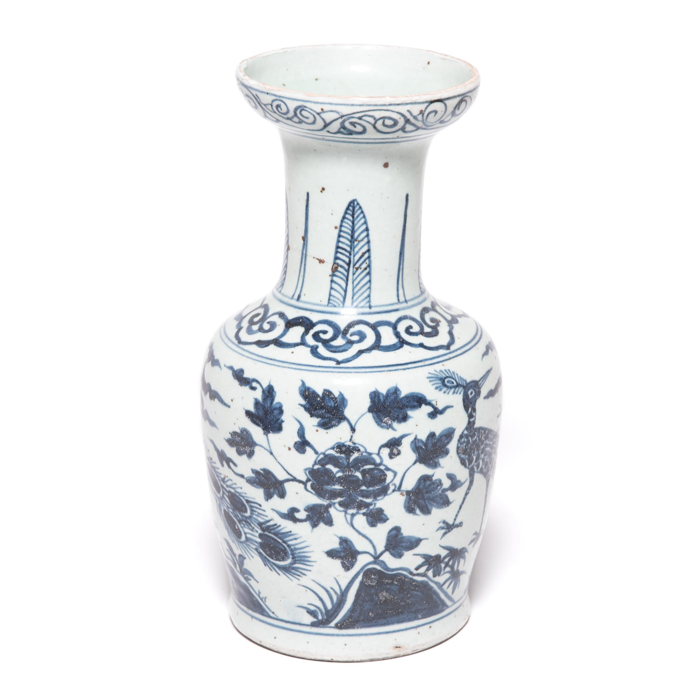 Glazed Chinese Blue and White Peacock Fantail Vase For Sale