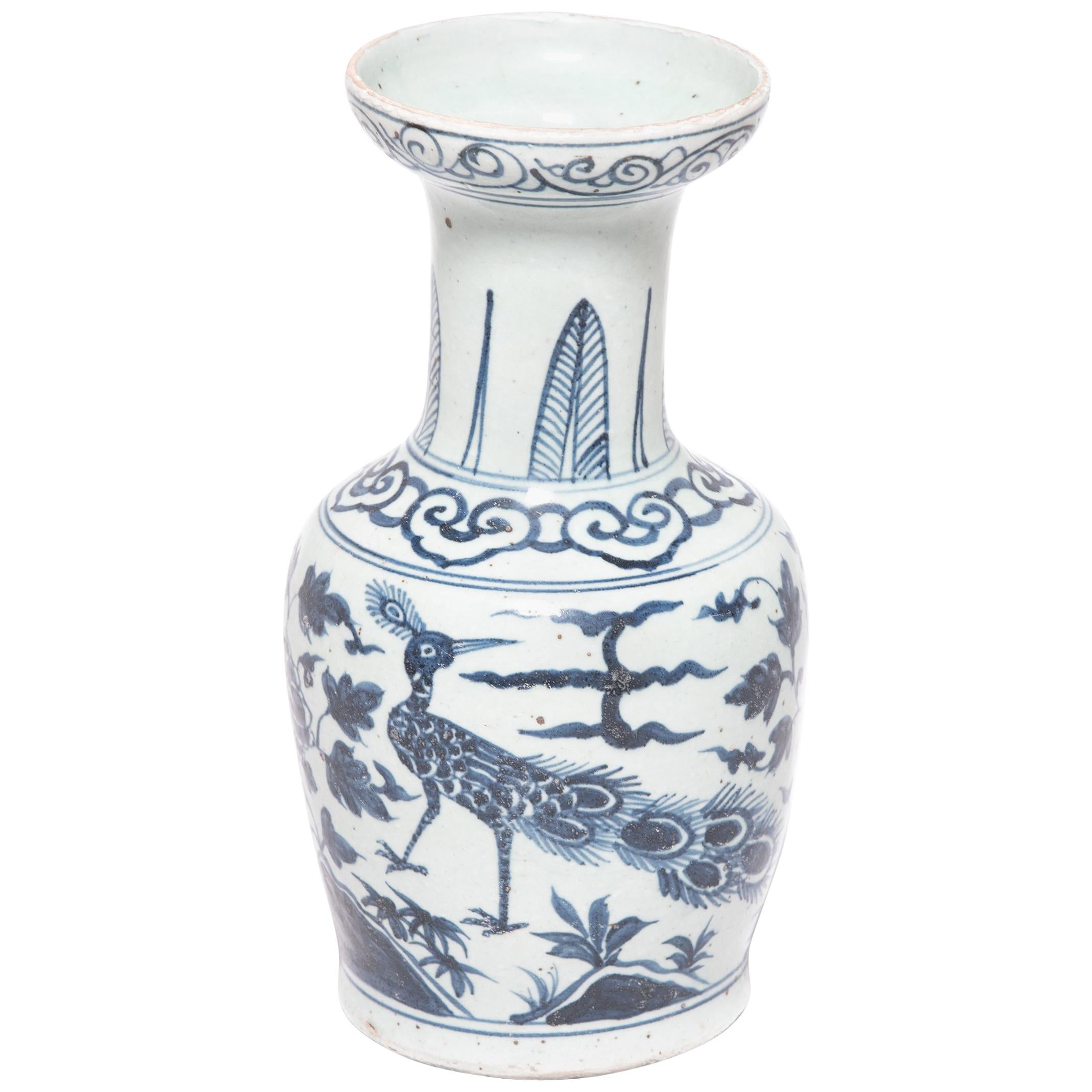 Chinese Blue and White Peacock Fantail Vase For Sale
