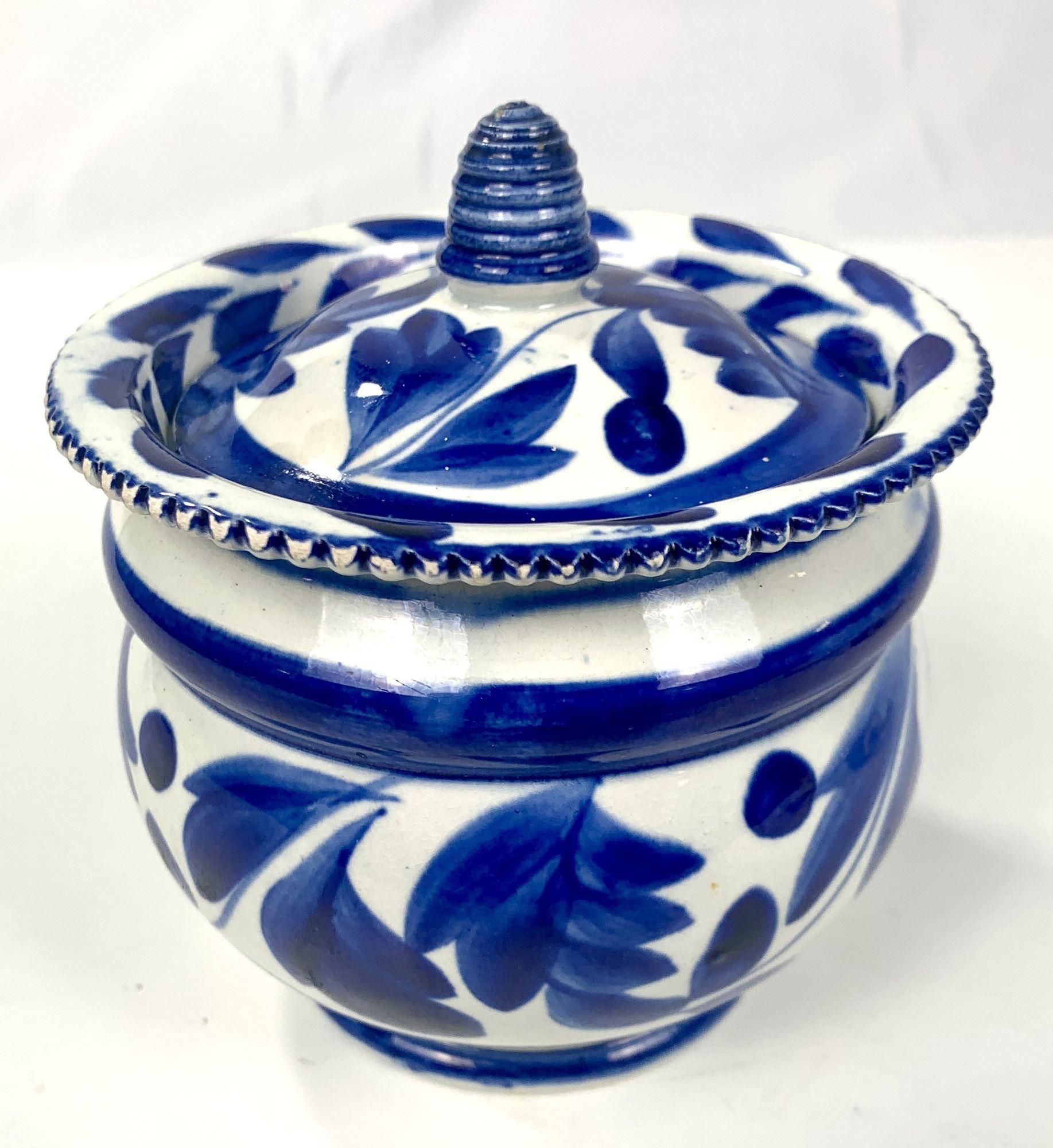 19th Century Blue and White Pearled Creamware Sugar Box or Sucrier Made England Circa 1820