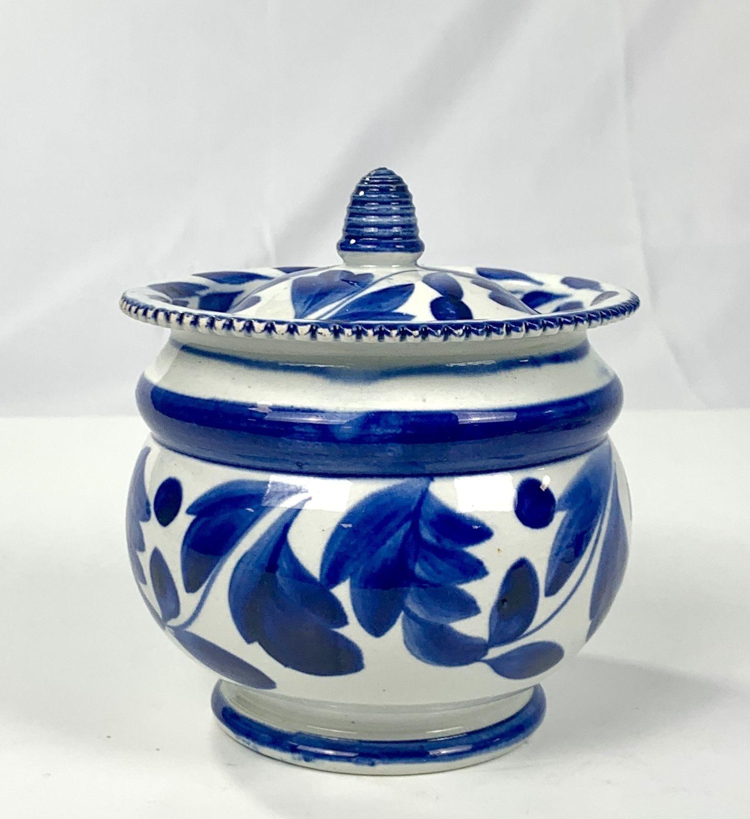 Pearlware Blue and White Pearled Creamware Sugar Box or Sucrier Made England Circa 1820