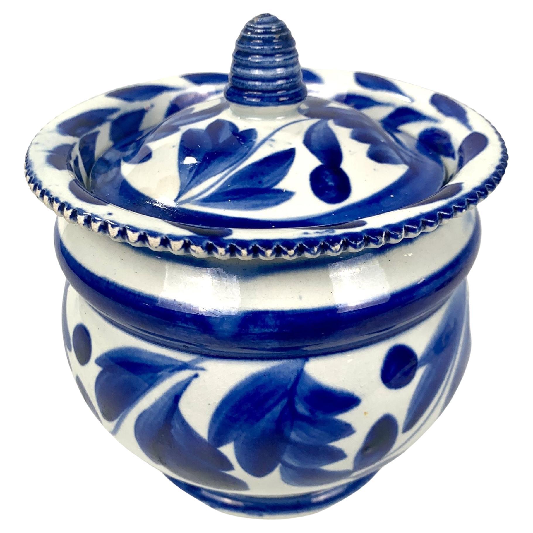 Blue and White Pearled Creamware Sugar Box or Sucrier Made England Circa 1820