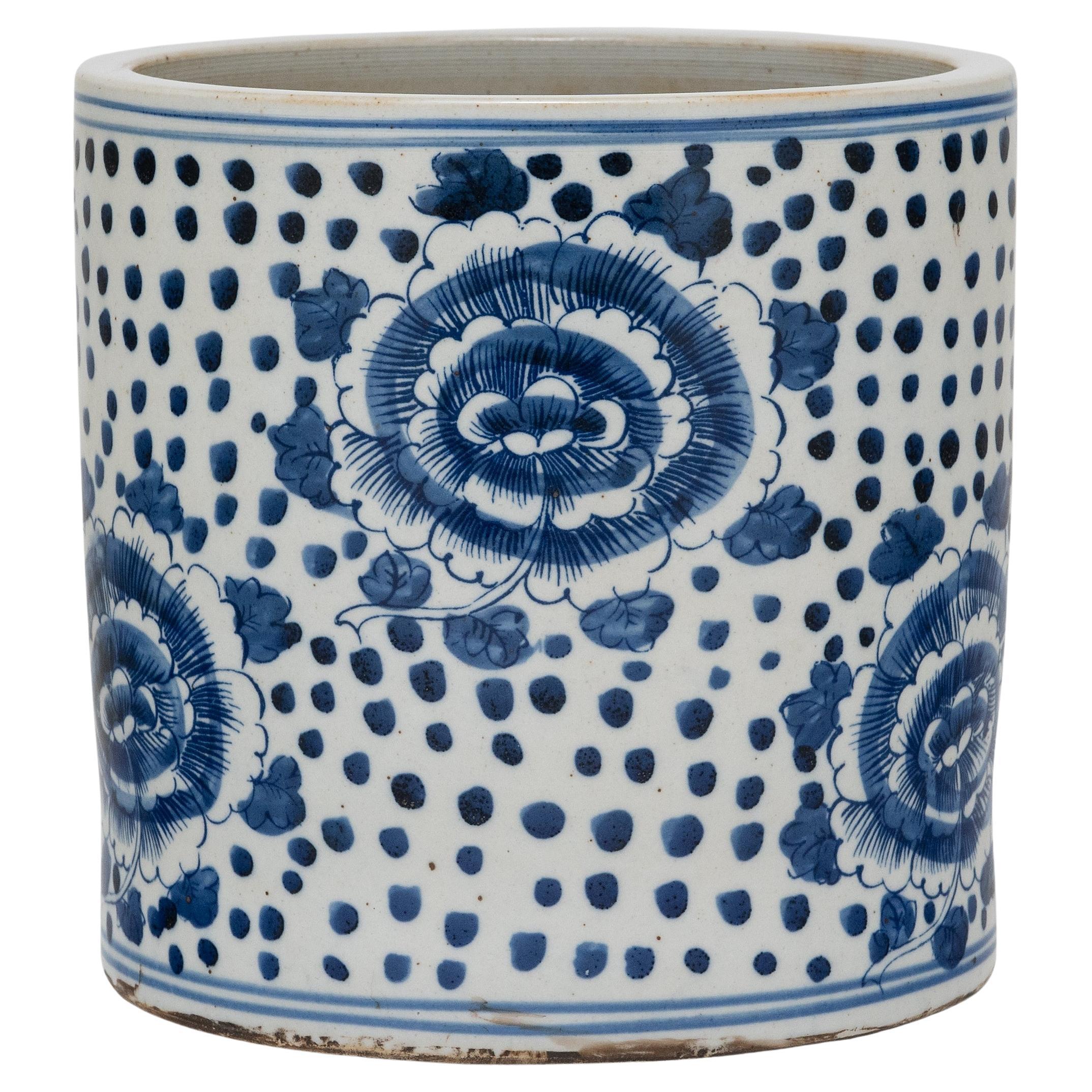 Blue and White Peony Brush Pot For Sale