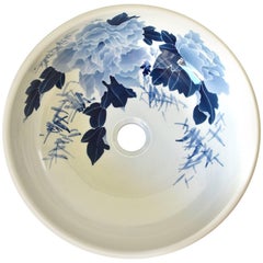 Blue and White Peony Ceramic Sink or Planter, Hand-Painted