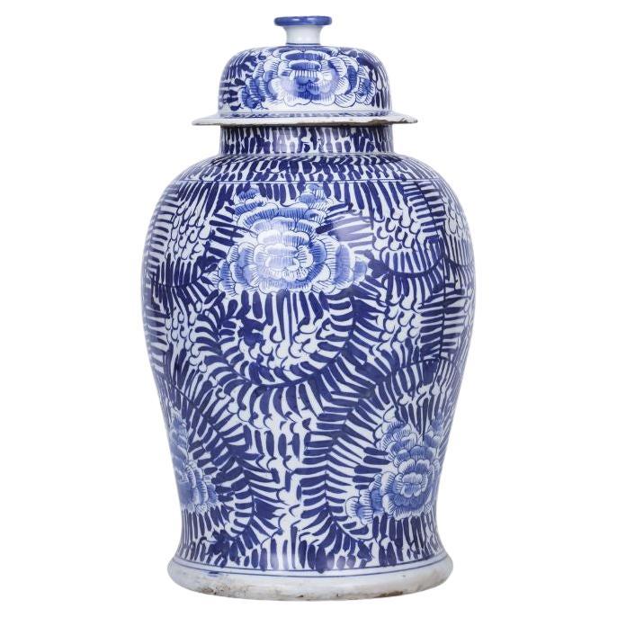 Blue and White Peony Vine Temple Jar For Sale