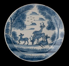 Blue and white plate with deer in a landscape Delft, circa 1700