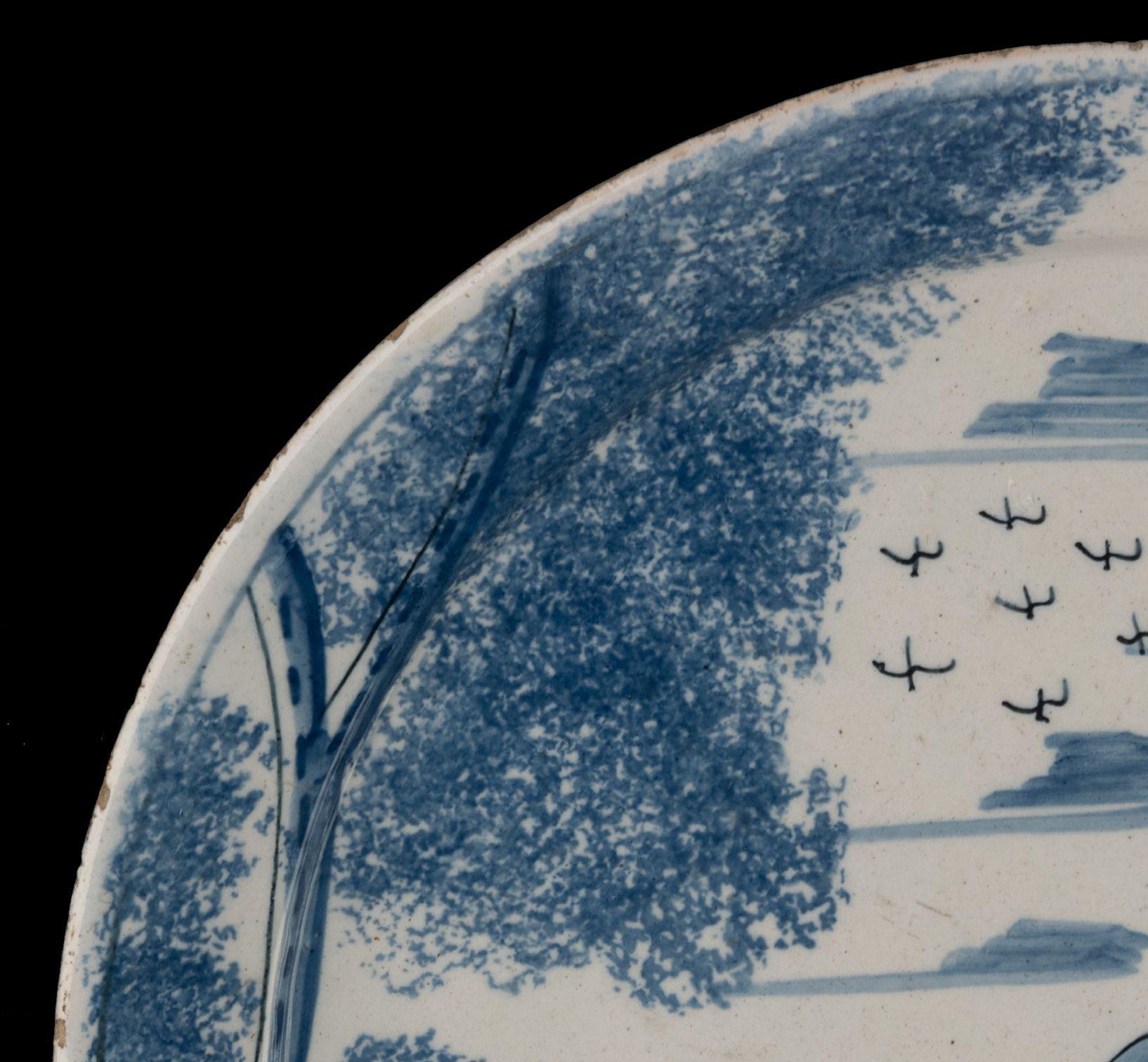Dutch Blue and white plate with deer in a landscape Delft, circa 1700 For Sale