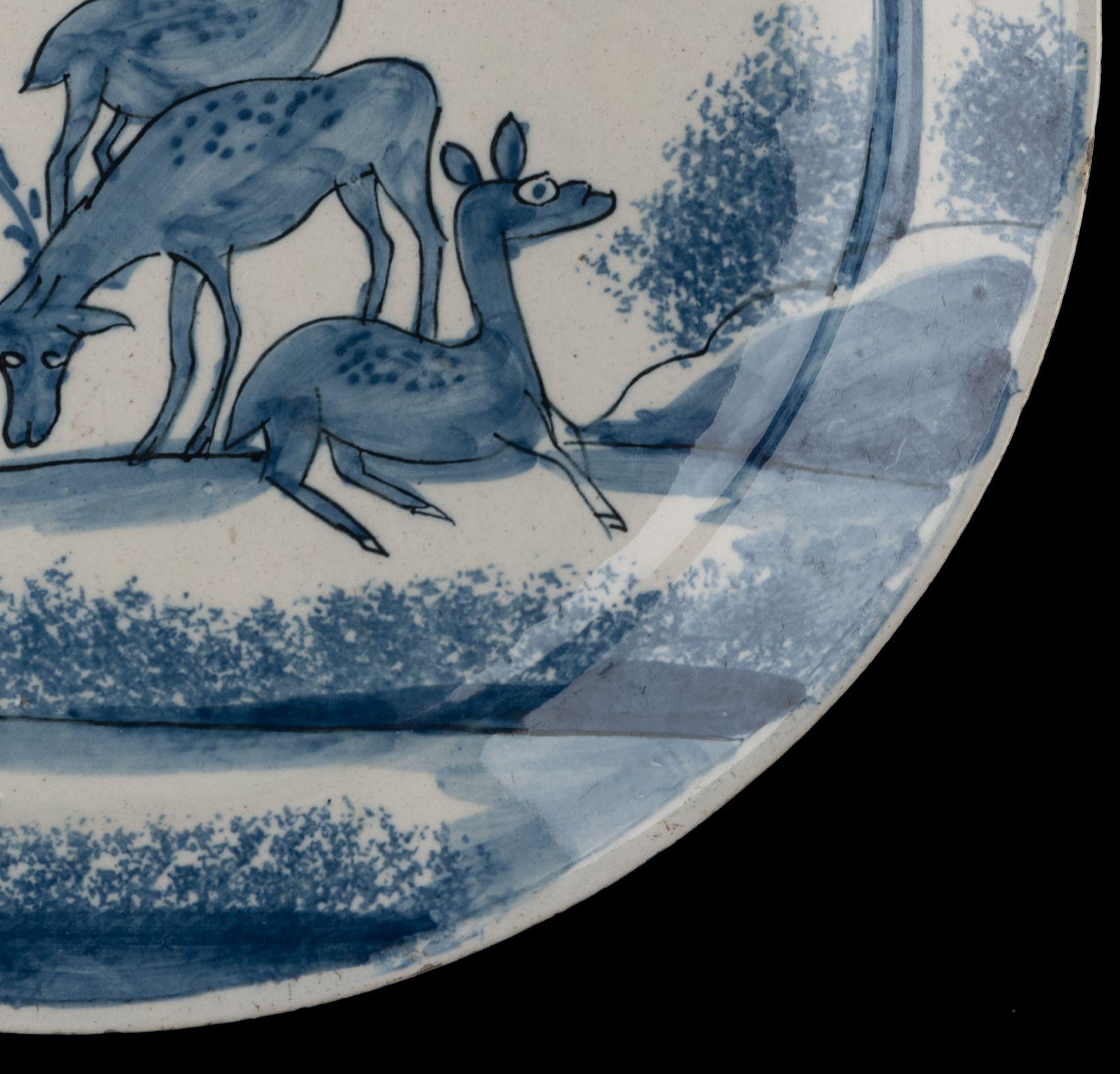 Blue and white plate with deer in a landscape Delft, circa 1700 In Good Condition For Sale In ROSSUM, GE