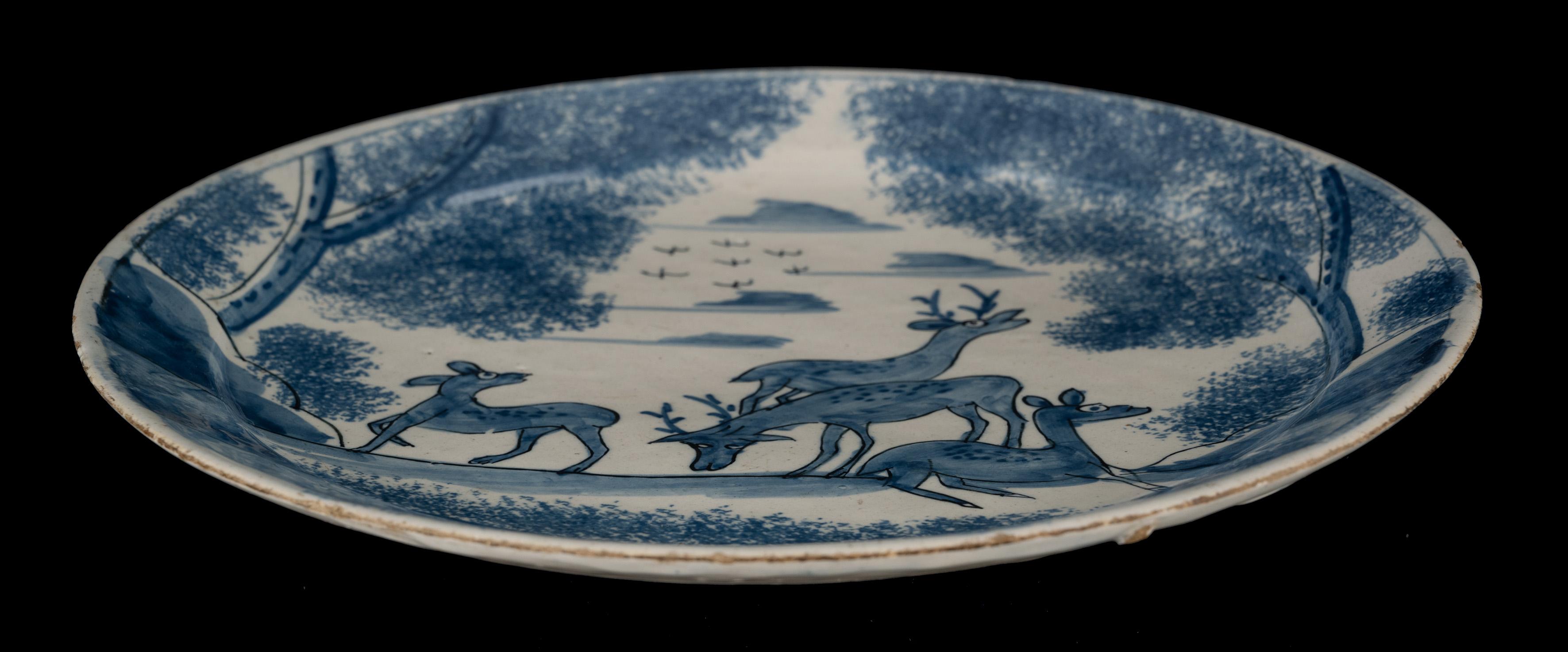 Ceramic Blue and white plate with deer in a landscape Delft, circa 1700 For Sale
