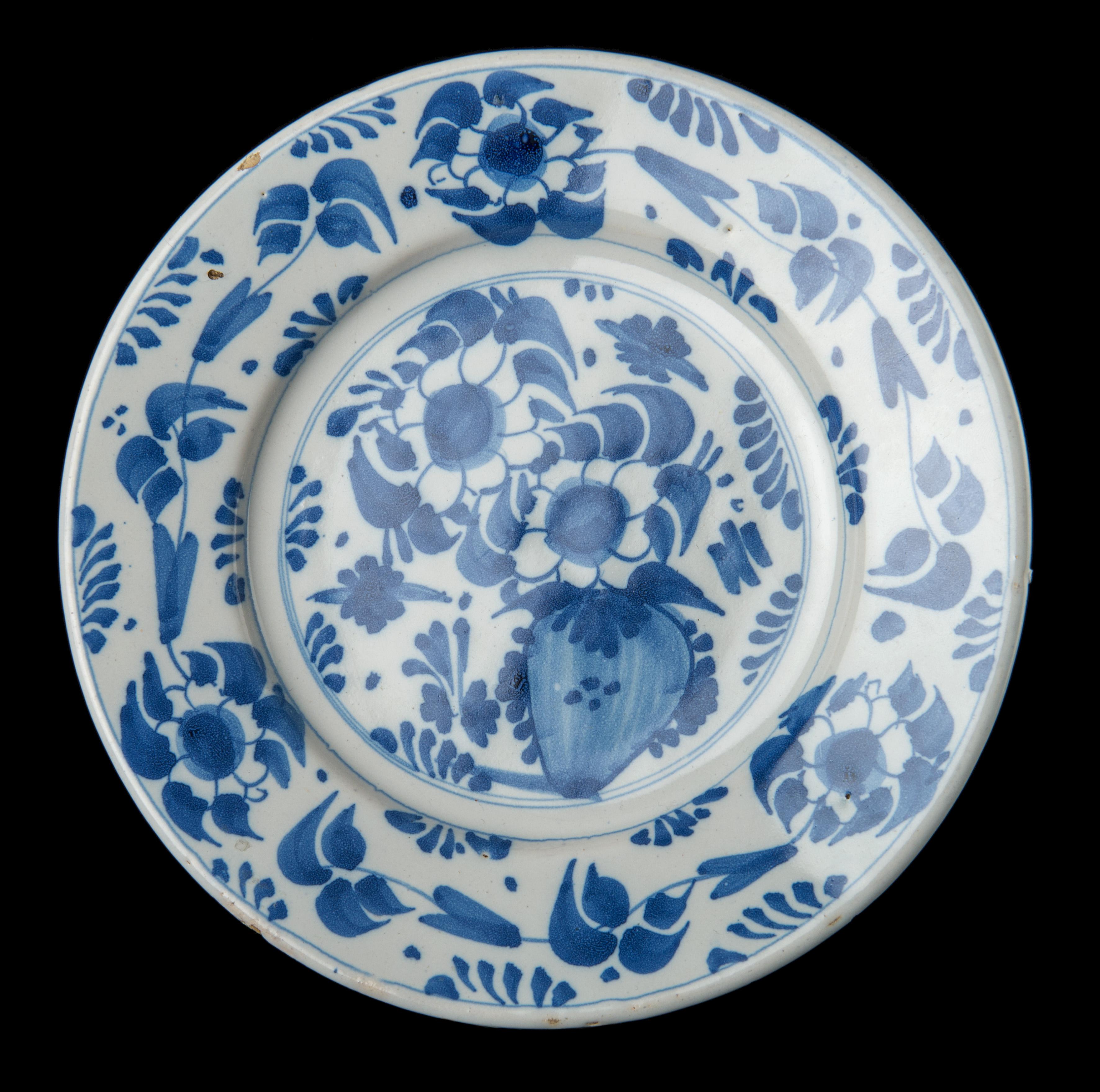 Dutch Blue and White Plate with Flower Vase. Delft, 1650-1680