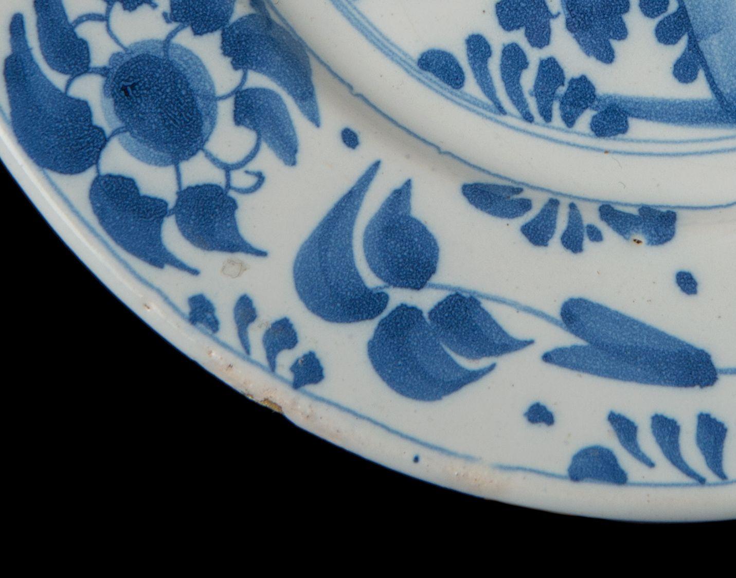 Ceramic Blue and White Plate with Flower Vase. Delft, 1650-1680