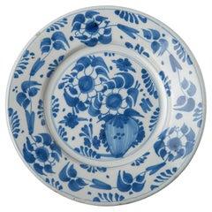 Antique Blue and White Plate with Flower Vase. Delft, 1650-1680