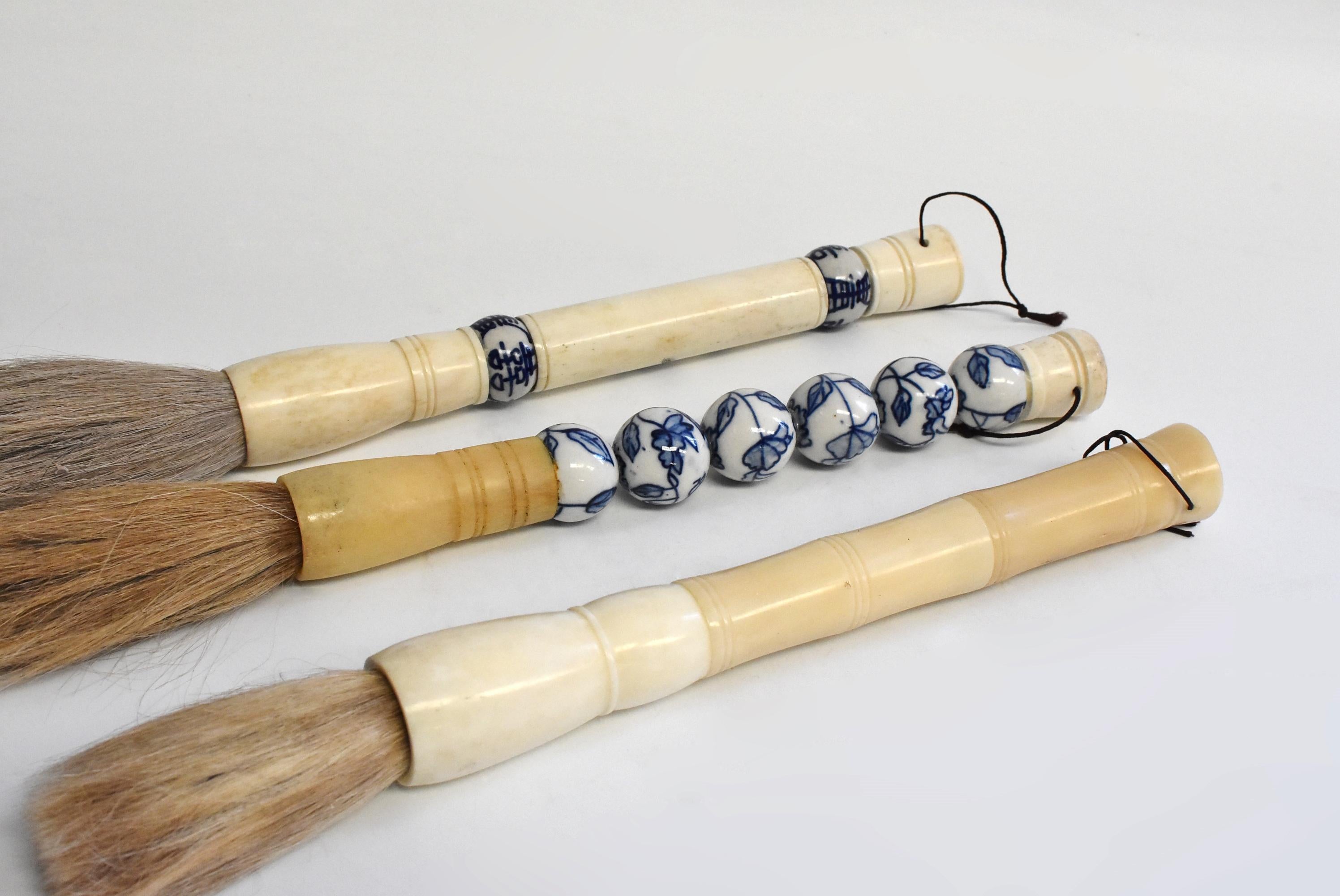 Blue and White Porcelain and Bone Chinese Calligraphy Brushes Set of 3, Large 6