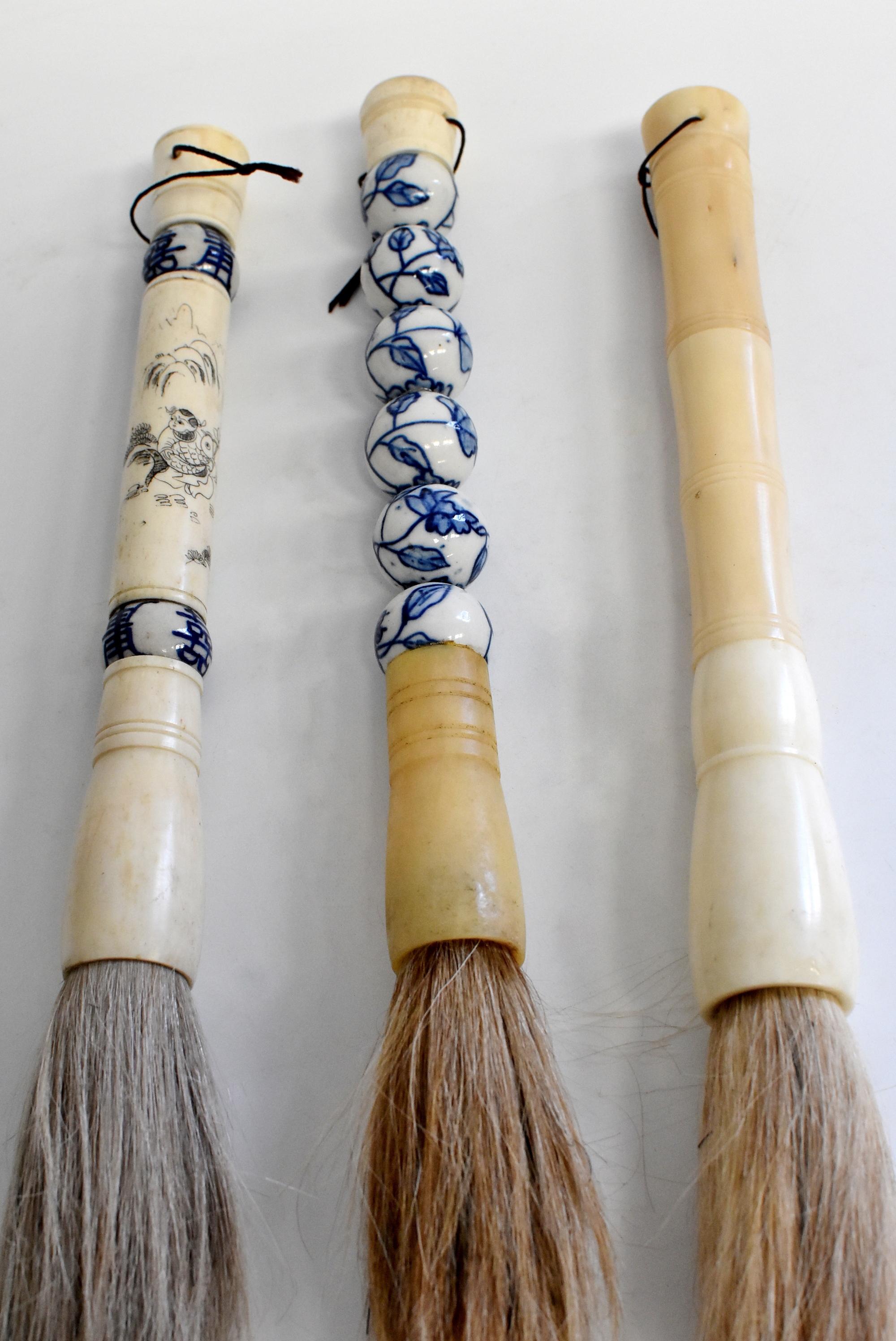 Blue and White Porcelain and Bone Chinese Calligraphy Brushes Set of 3, Large 7