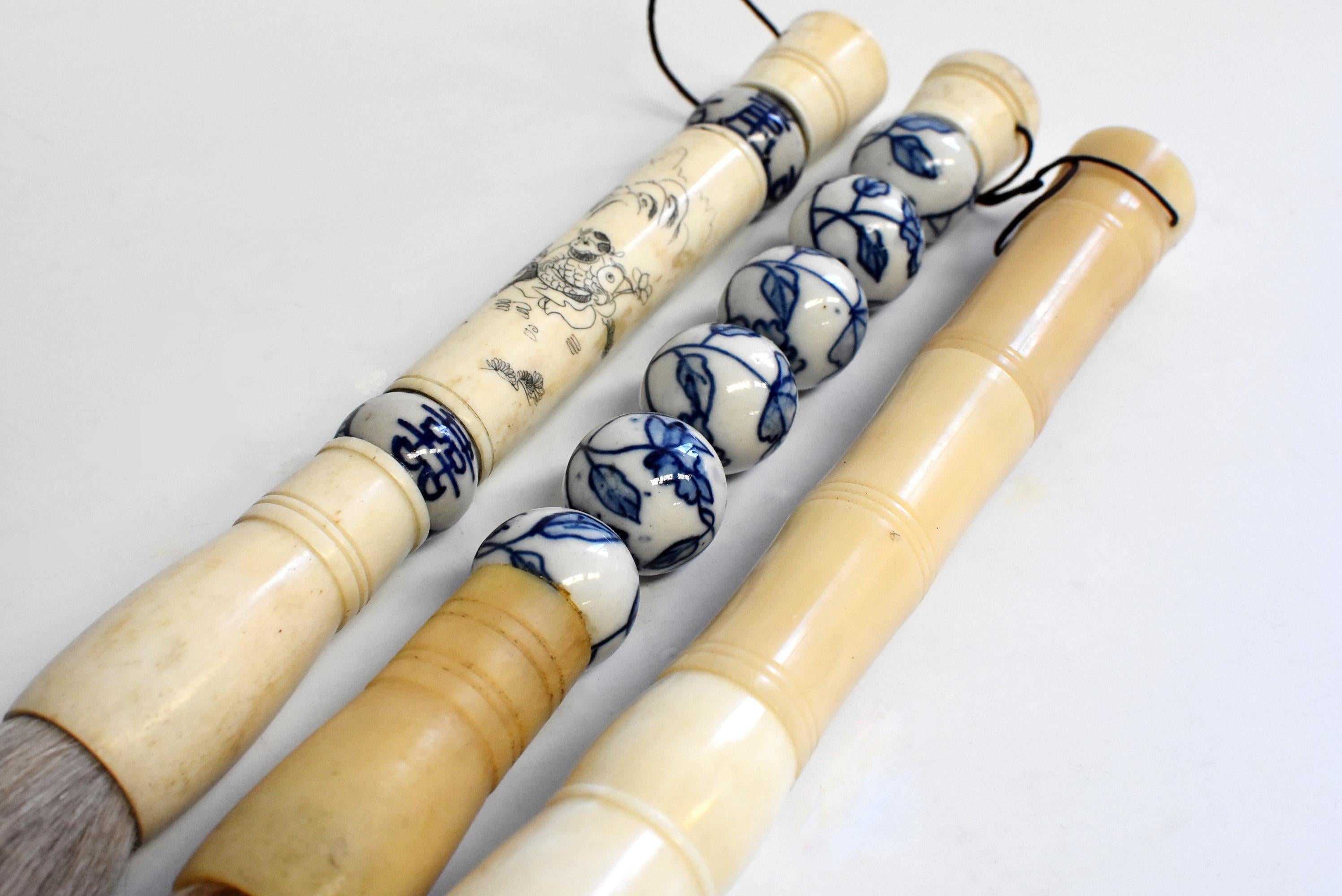 Blue and White Porcelain and Bone Chinese Calligraphy Brushes Set of 3, Large 8