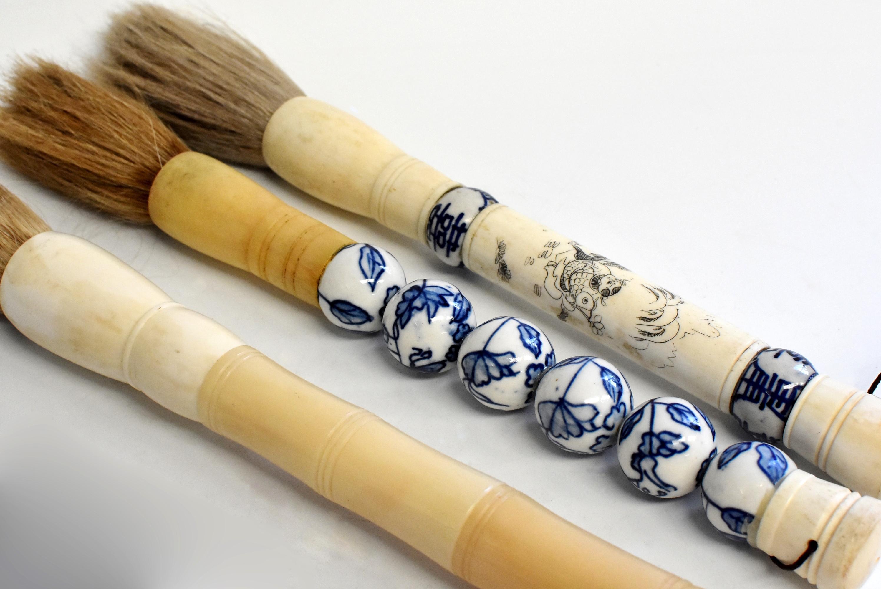 Blue and White Porcelain and Bone Chinese Calligraphy Brushes Set of 3, Large 9