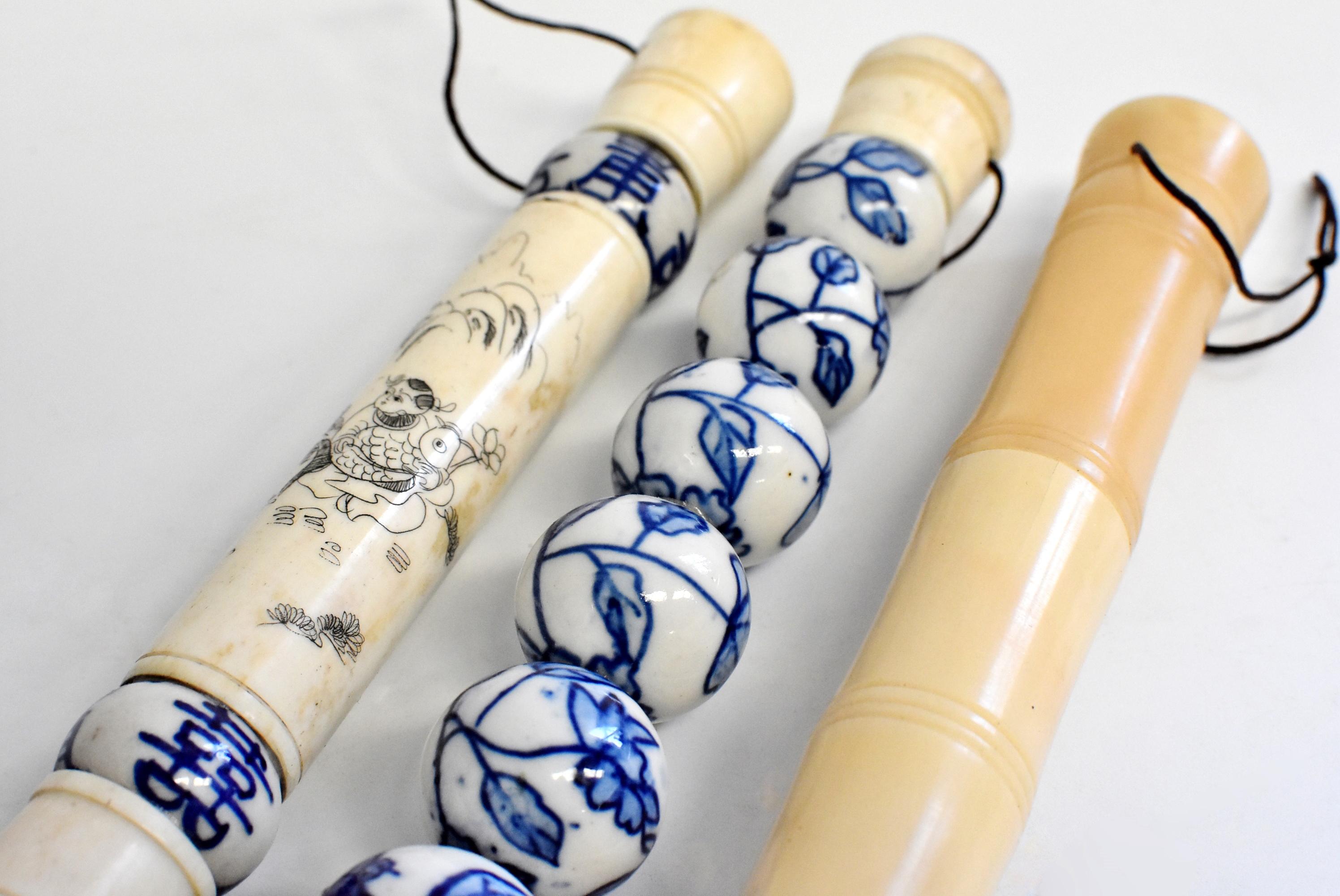 Blue and White Porcelain and Bone Chinese Calligraphy Brushes Set of 3, Large 11