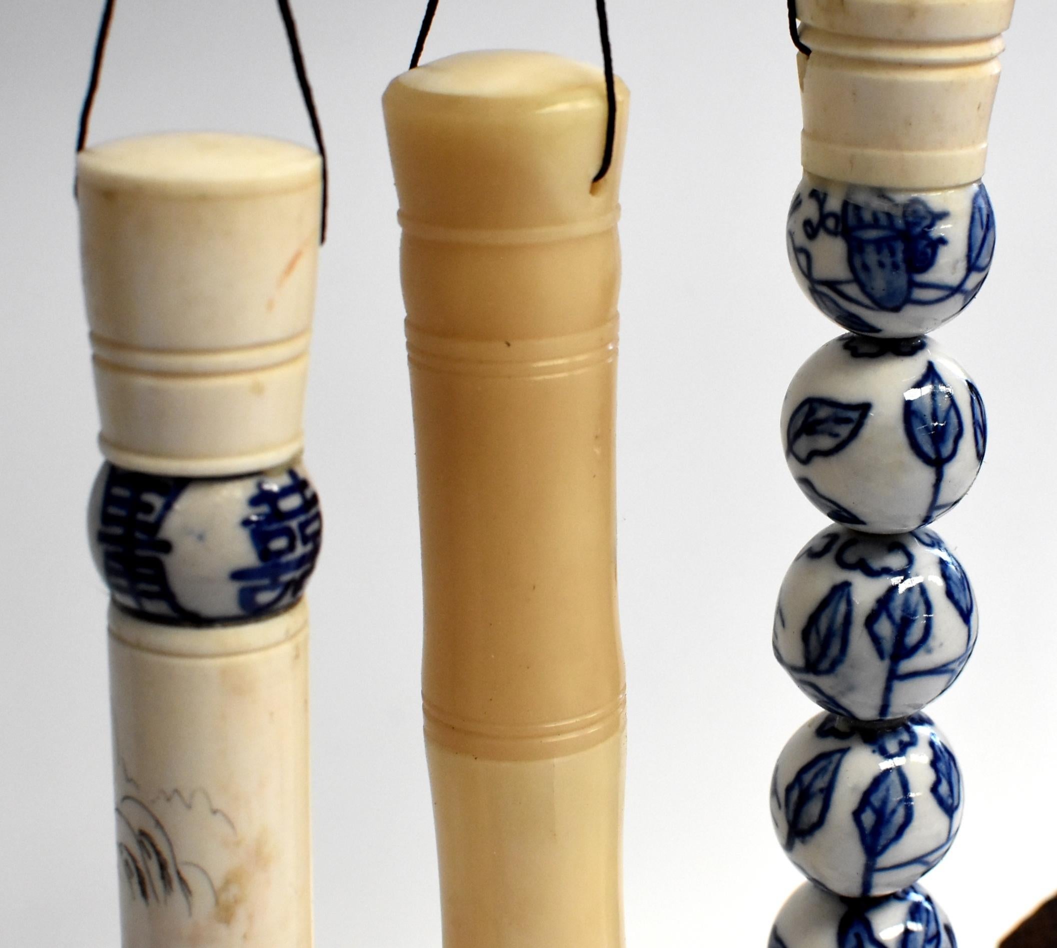 Hand-Carved Blue and White Porcelain and Bone Chinese Calligraphy Brushes Set of 3, Large
