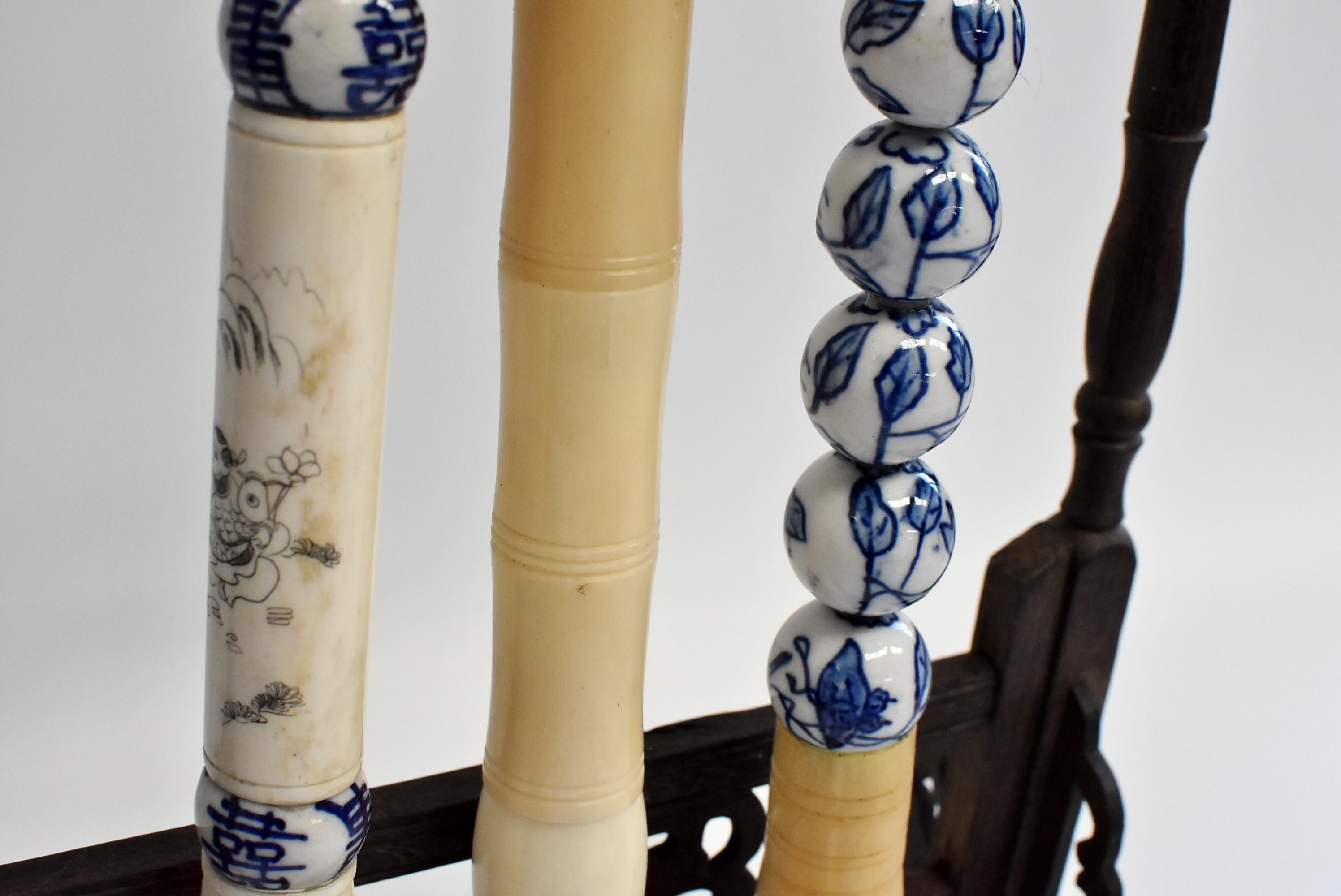 Blue and White Porcelain and Bone Chinese Calligraphy Brushes Set of 3, Large In Good Condition In Somis, CA