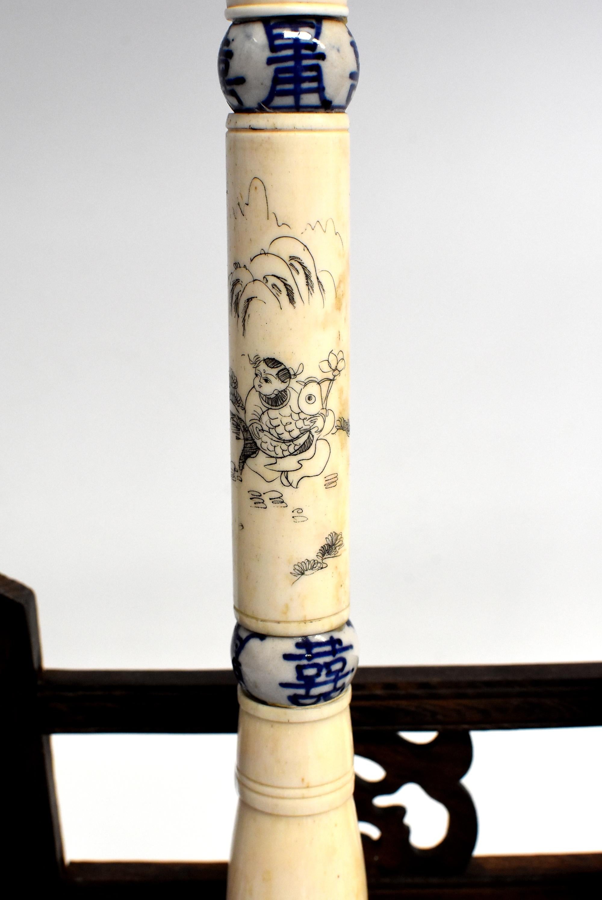 Blue and White Porcelain and Bone Chinese Calligraphy Brushes Set of 3, Large 2