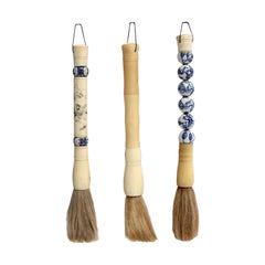 Blue and White Porcelain and Bone Chinese Calligraphy Brushes Set of 3, Large