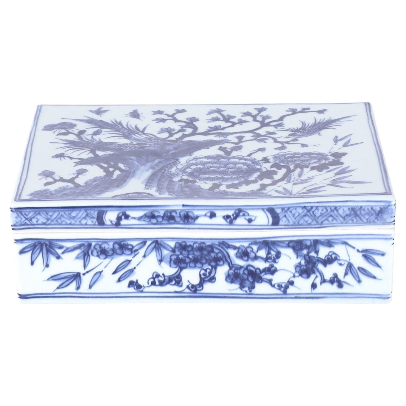 Blue and White Porcelain Box with Birds and Flowers