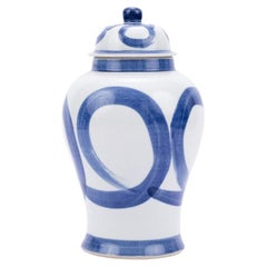 Blue and White Porcelain Brushstroke Temple Jar, Large