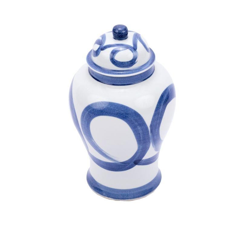 Blue & white porcelain brushstroke swirl circle temple jar - 2 sizes

The special antique process makes it looks like a piece of art from a museum. 
High fire porcelain, 100% hand shaped, hand painted. Distress, chips and other imperfections