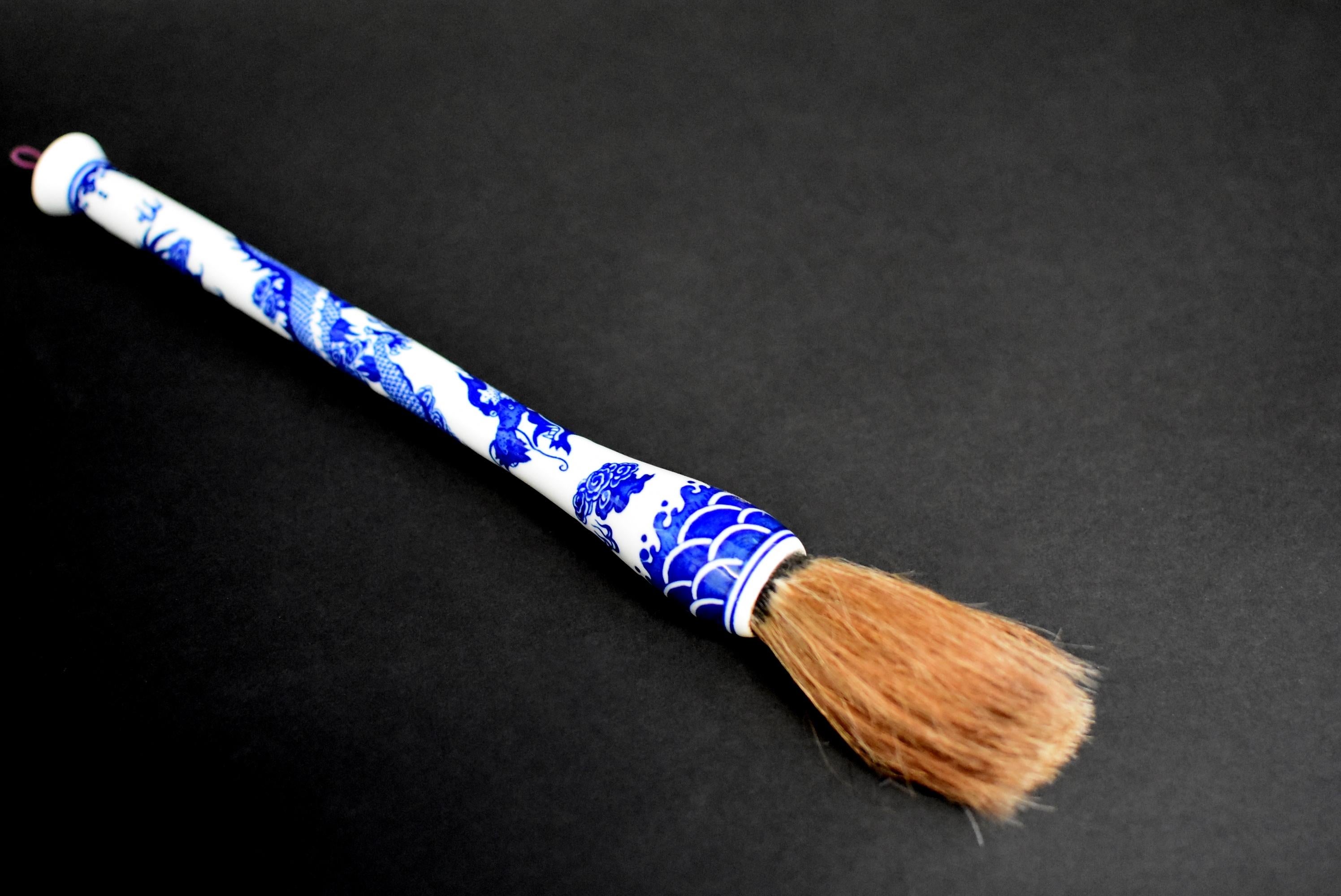 Hand-Painted Blue and White Porcelain Calligraphy Brush with Painted Dragon