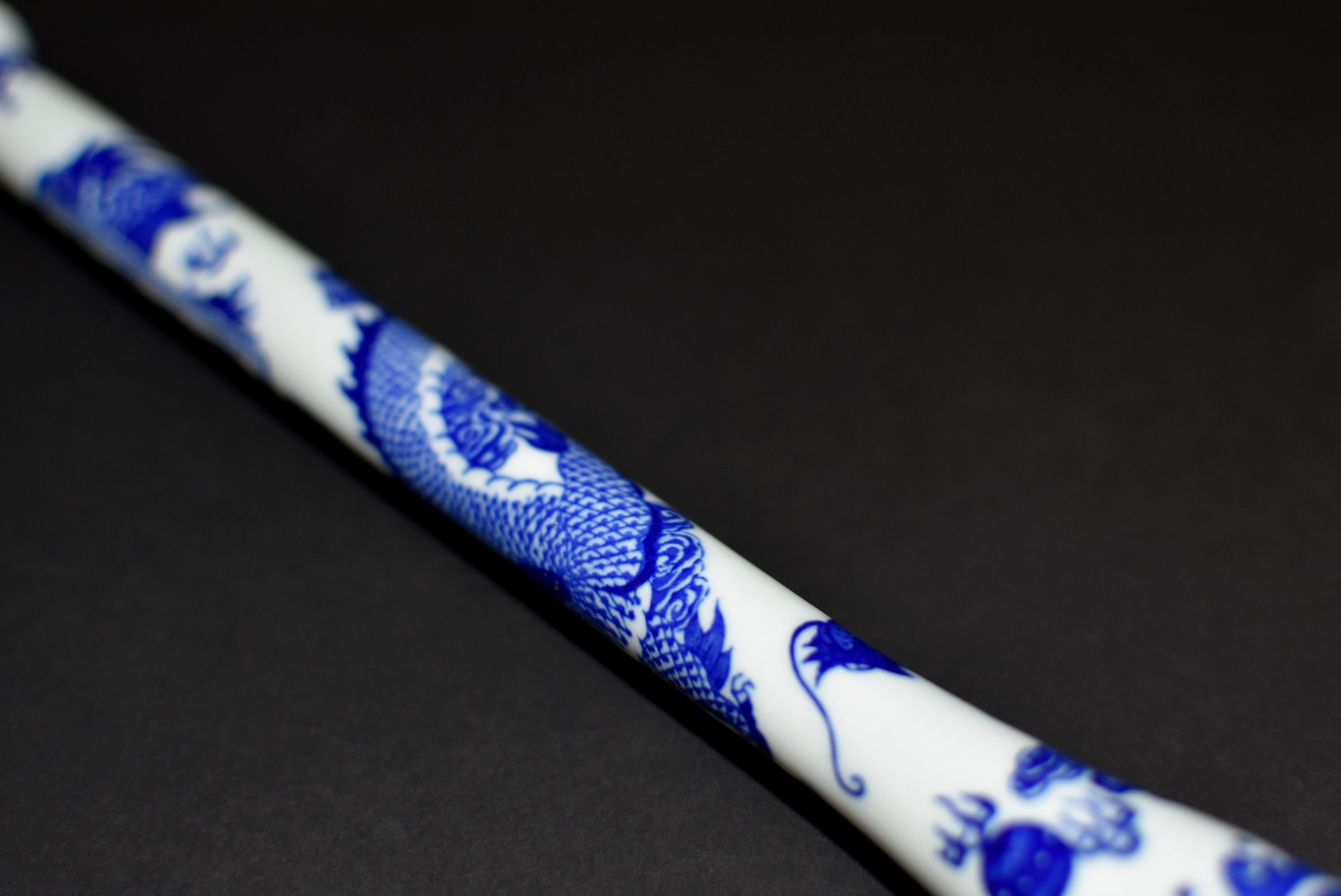20th Century Blue and White Porcelain Calligraphy Brush with Painted Dragon