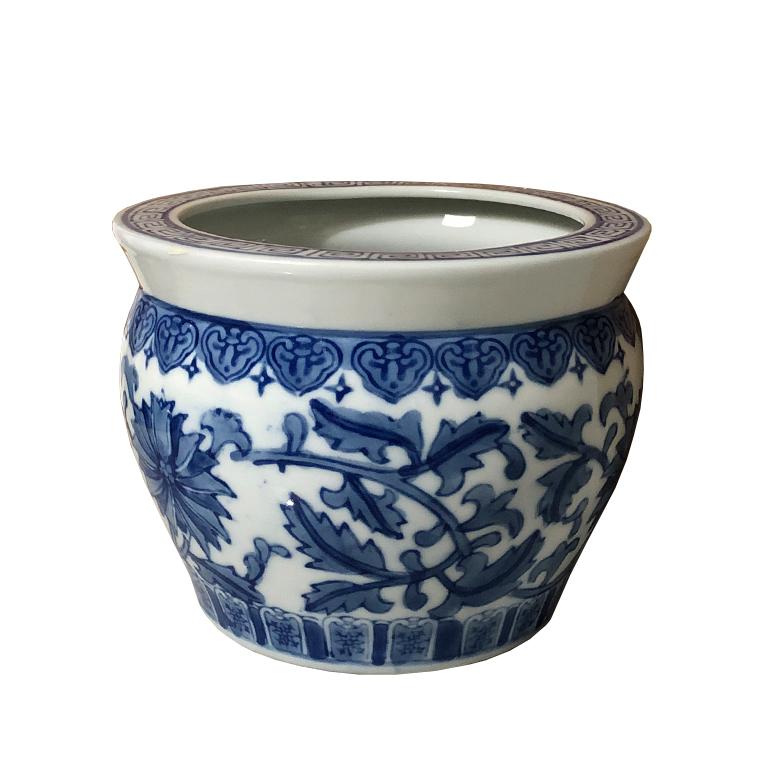 Vintage Blue/White rounded floral Porcelain Pot Planter Ceramic 7" X 7" 