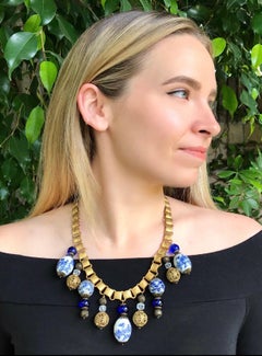 Blue and White Porcelain Chinese Bead and Brass Bookchain Necklace